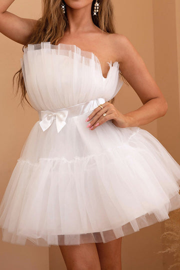 Tulle Strapless White Short Party Dress